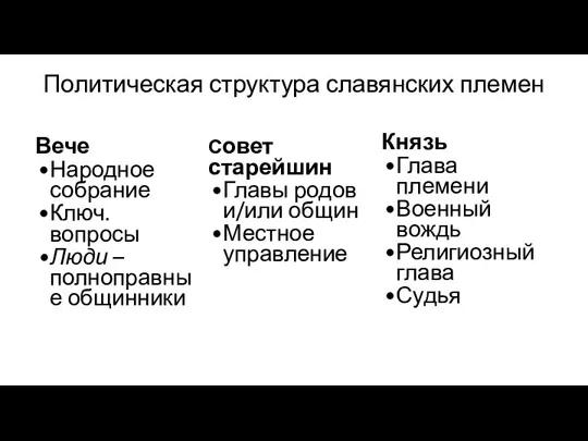 Политическая структура славянских племен Вече Народное собрание Ключ. вопросы Люди – полноправные общинники