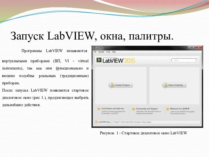 Запуск LabVIEW, окна, палитры. Программы LabVIEW называются виртуальными приборами (ВП,
