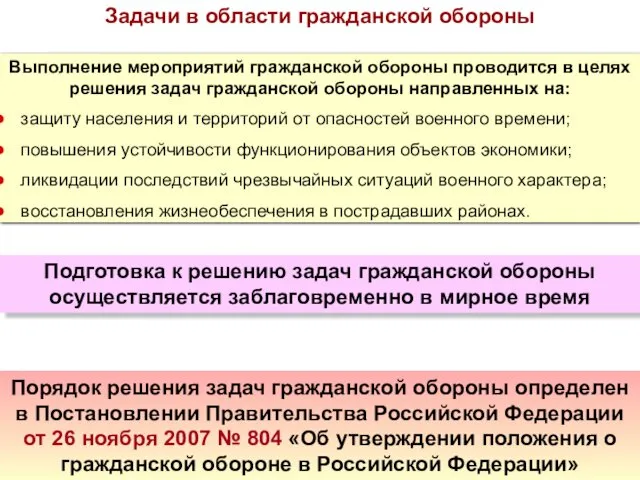 Выполнение мероприятий гражданской обороны проводится в целях решения задач гражданской