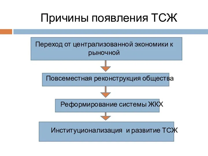 Причины появления ТСЖ Переход от централизованной экономики к рыночной Повсеместная