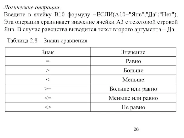 Логические операции. Введите в ячейку В10 формулу =ЕСЛИ(A10="Янв";"Да";"Нет"). Эта операция