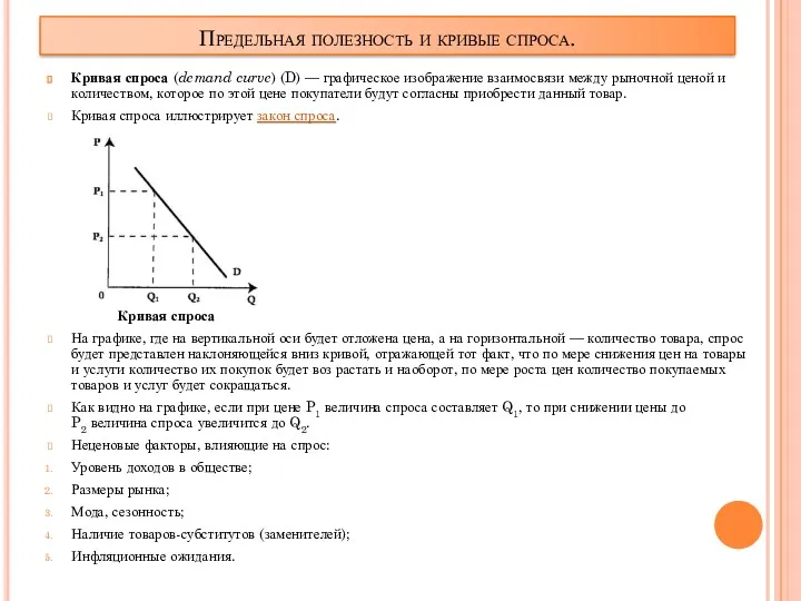 Предельная полезность и кривые спроса. Кривая спроса (demand curve) (D)