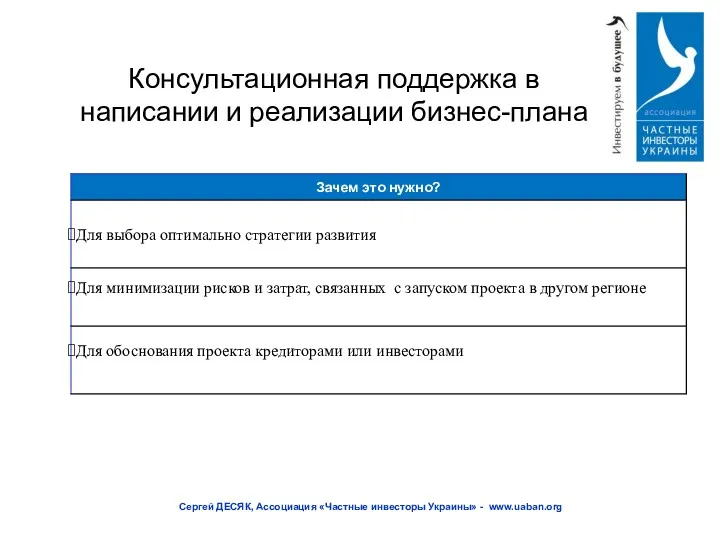 Консультационная поддержка в написании и реализации бизнес-плана Сергей ДЕСЯК, Ассоциация «Частные инвесторы Украины» - www.uaban.org