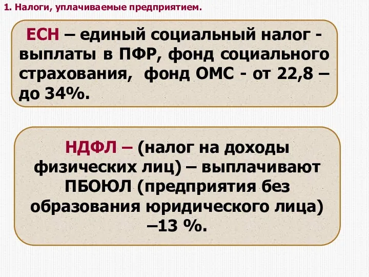 1. Налоги, уплачиваемые предприятием. ЕСН – единый социальный налог -