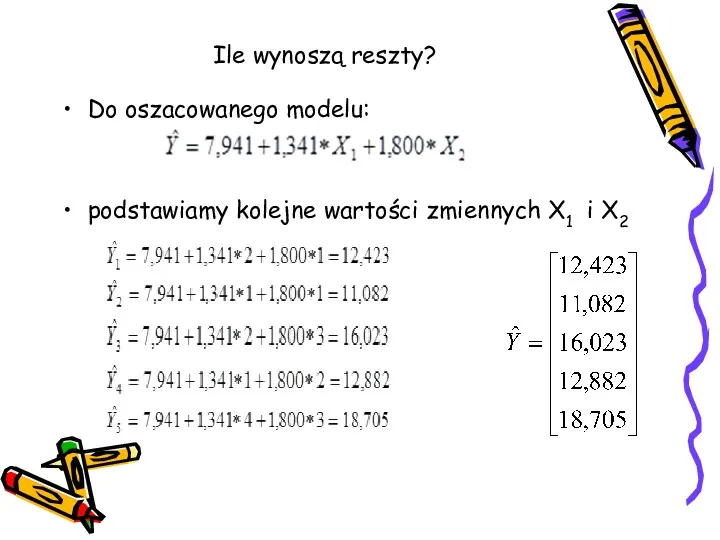 Ile wynoszą reszty? Do oszacowanego modelu: podstawiamy kolejne wartości zmiennych X1 i X2