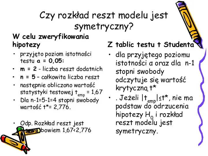 Czy rozkład reszt modelu jest symetryczny? W celu zweryfikowania hipotezy