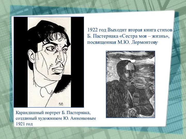 Карандашный портрет Б. Пастернака, созданный художником Ю. Анненковым 1921 год 1922 год Выходит