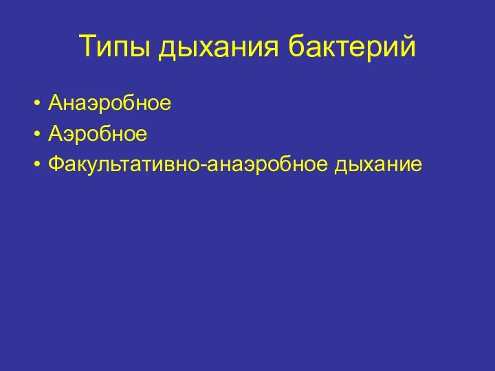 Типы дыхания бактерий Анаэробное Аэробное Факультативно-анаэробное дыхание