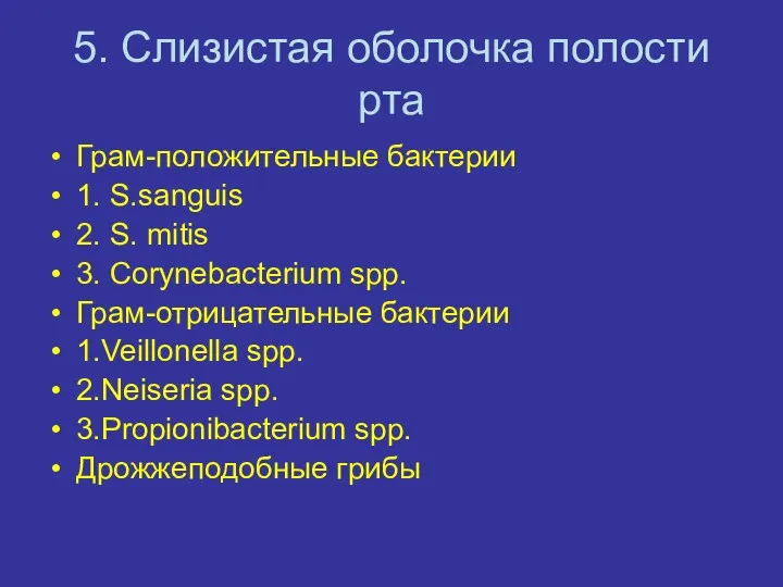 5. Слизистая оболочка полости рта Грам-положительные бактерии 1. S.sanguis 2.