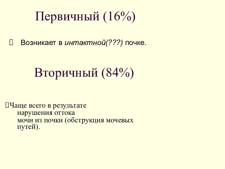 Первичный (16%) Возникает в интактной(???) почке. Вторичный (84%) Чаще всего