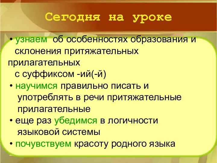 Сегодня на уроке узнаем об особенностях образования и склонения притяжательных