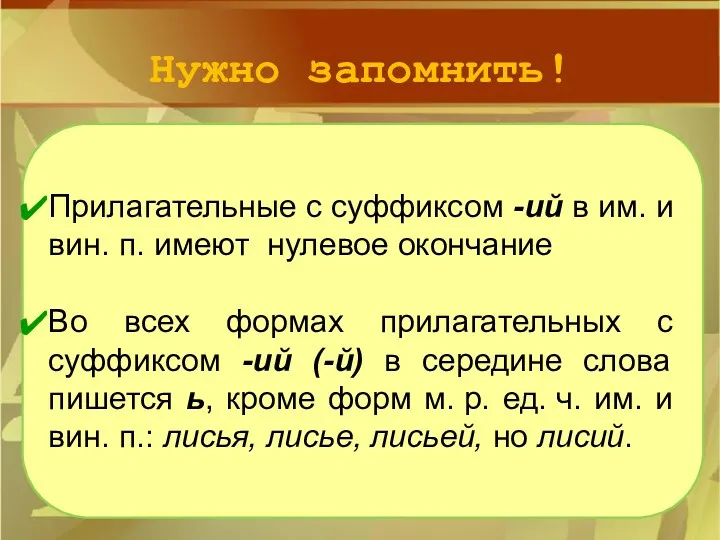 Нужно запомнить! Прилагательные с суффиксом -ий в им. и вин.