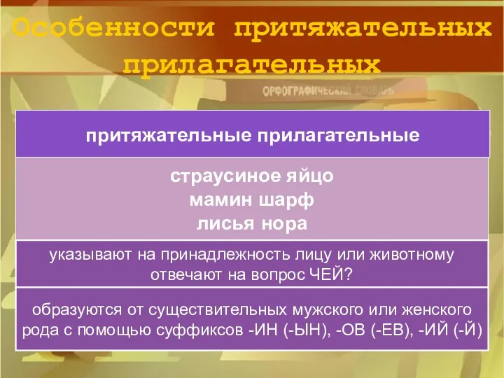 Особенности притяжательных прилагательных притяжательные прилагательные страусиное яйцо мамин шарф лисья