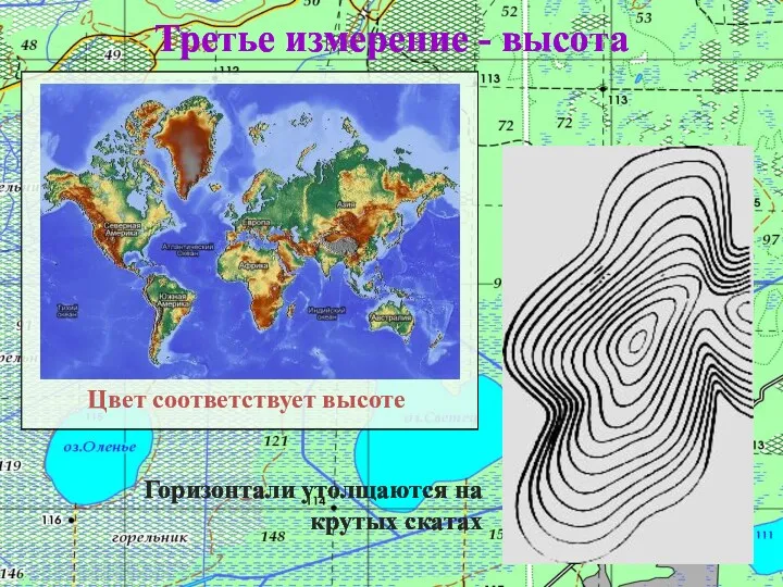 Третье измерение - высота Цвет соответствует высоте Горизонтали утолщаются на крутых скатах