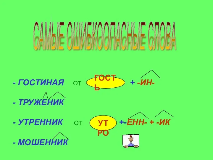 - ГОСТИНАЯ ОТ ГОСТЬ + -ИН- - ТРУЖЕНИК - УТРЕННИК