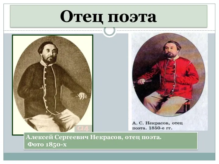 Отец поэта Отец поэта Алексей Сергеевич Некрасов, отец поэта. Фото 1850-х