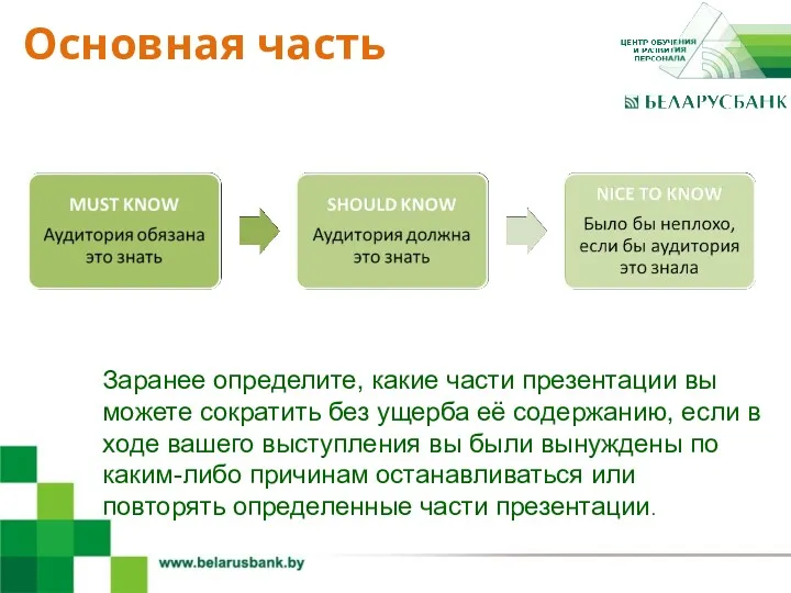 4 Основная часть Заранее определите, какие части презентации вы можете сократить без ущерба