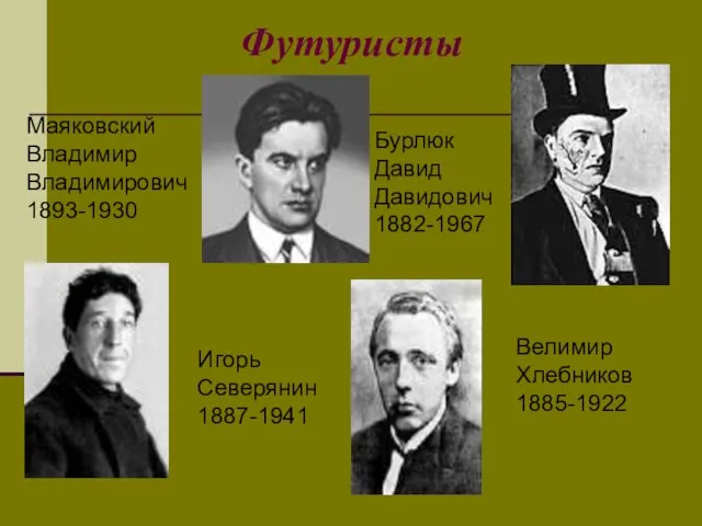 Футуристы Маяковский Владимир Владимирович 1893-1930 Бурлюк Давид Давидович 1882-1967 Игорь Северянин 1887-1941 Велимир Хлебников 1885-1922