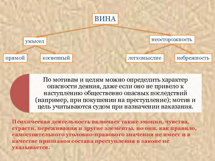 ВИНА умысел неосторожность прямой косвенный легкомыслие небрежность Психическая деятельность включает