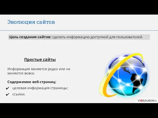 Эволюция сайтов Цель создания сайтов: сделать информацию доступной для пользователей.