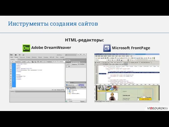 Инструменты создания сайтов HTML-редакторы: Adobe DreamWeaver Microsoft FrontPage