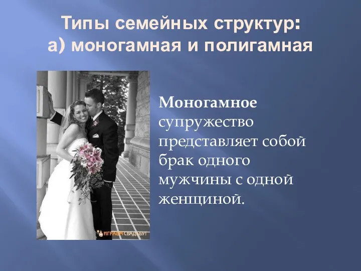 Типы семейных структур: а) моногамная и полигамная Моногамное супружество представляет собой брак одного