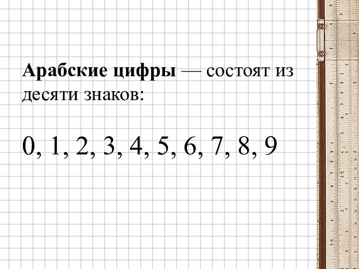 Арабские цифры — состоят из десяти знаков: 0, 1, 2,