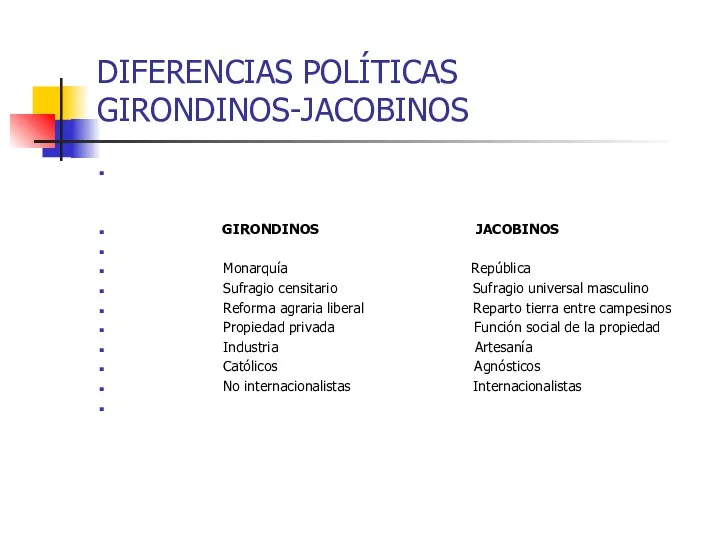 DIFERENCIAS POLÍTICAS GIRONDINOS-JACOBINOS GIRONDINOS JACOBINOS Monarquía República Sufragio censitario Sufragio