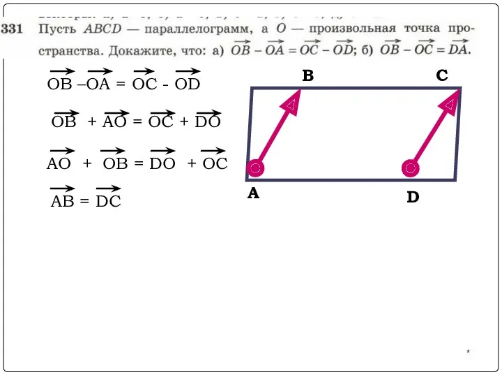 ОВ –ОА = ОС - ОD ОВ + АO =