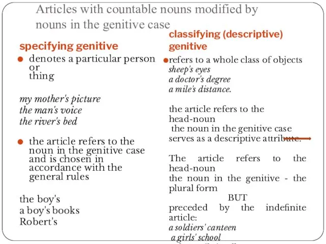 Articles with countable nouns modified by nouns in the genitive