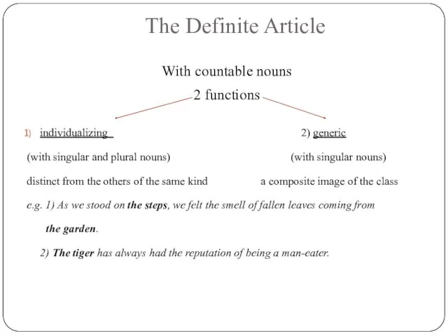 The Definite Article With countable nouns 2 functions individualizing 2)