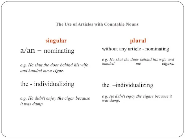 The Use of Articles with Countable Nouns singular plural a/an