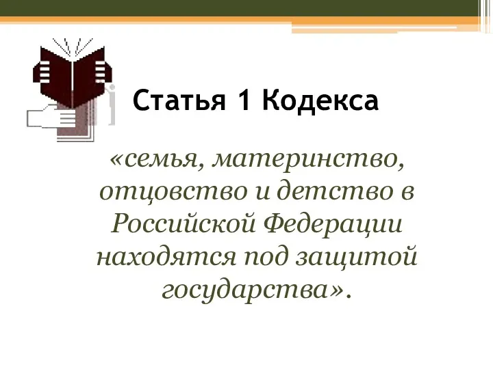 Статья 1 Кодекса «семья, материнство, отцовство и детство в Российской Федерации находятся под защитой государства».