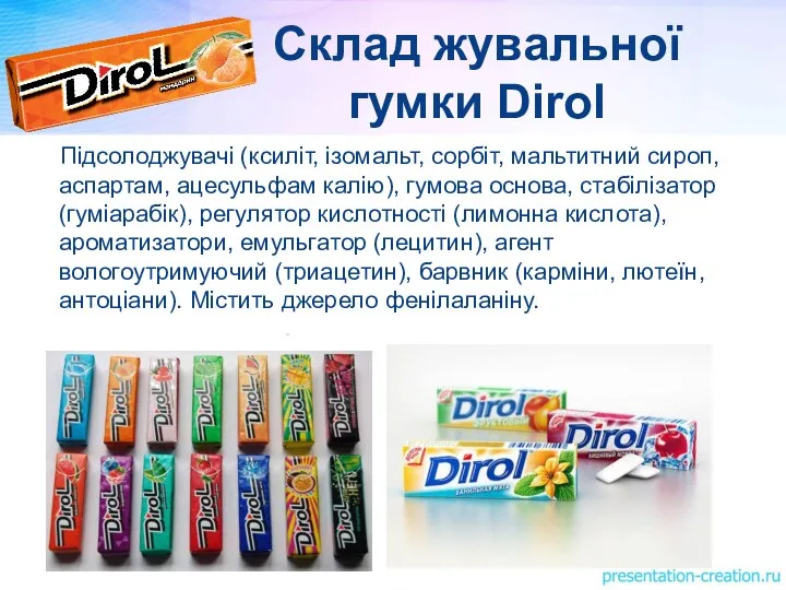 Склад жувальної гумки Dirol Підсолоджувачі (ксиліт, ізомальт, сорбіт, мальтитний сироп,