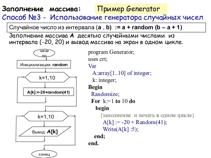 program Generator; uses crt; Var A:array[1..10] of integer; k: integer;