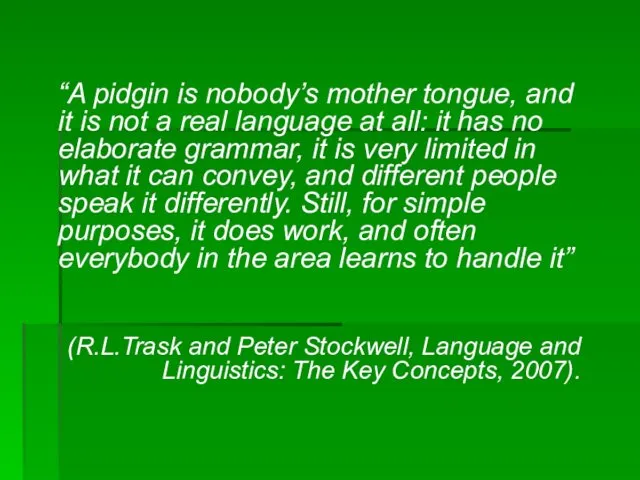 “A pidgin is nobody’s mother tongue, and it is not