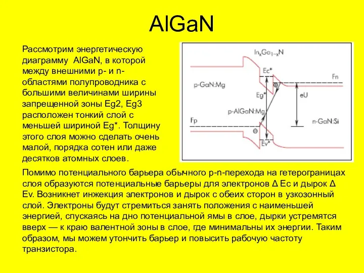 AlGaN Рассмотрим энергетическую диаграмму AlGaN, в которой между внешними р-