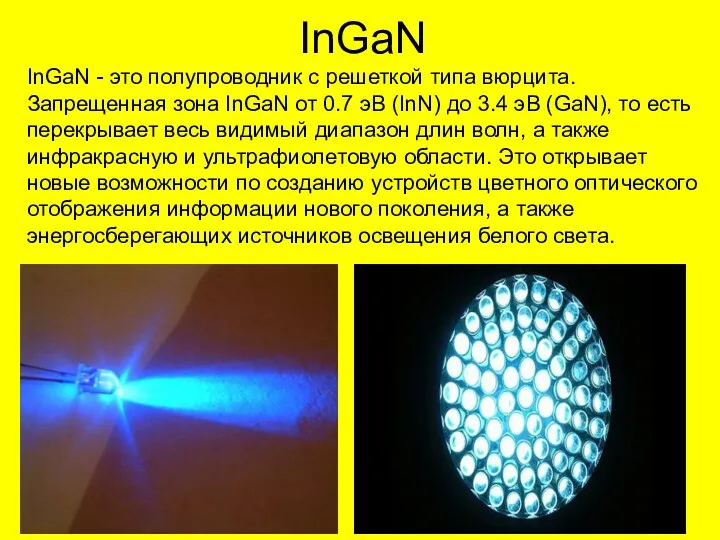InGaN InGaN - это полупроводник с решеткой типа вюрцита. Запрещенная