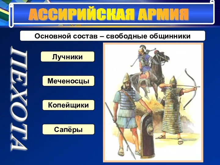 АССИРИЙСКАЯ АРМИЯ Основной состав – свободные общинники Лучники Меченосцы Копейщики Сапёры ПЕХОТА