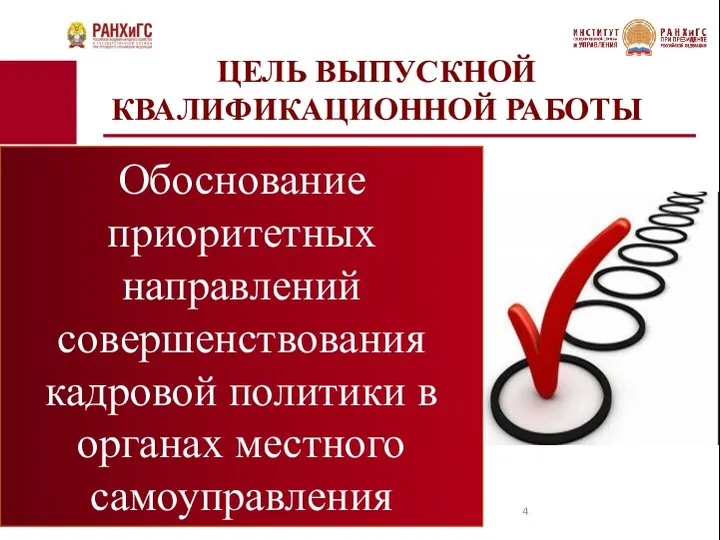 ЦЕЛЬ ВЫПУСКНОЙ КВАЛИФИКАЦИОННОЙ РАБОТЫ Обоснование приоритетных направлений совершенствования кадровой политики в органах местного самоуправления