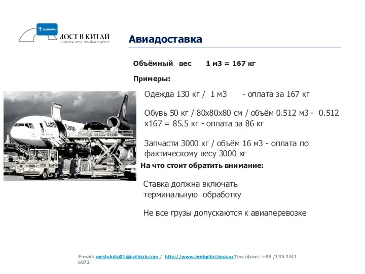 Авиадоставка Объёмный вес 1 м3 = 167 кг Примеры: Одежда