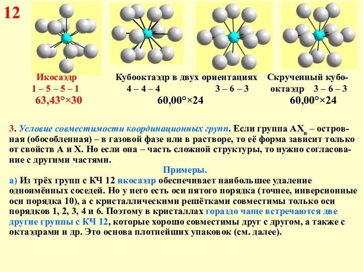 12 Икосаэдр Кубооктаэдр в двух ориентациях Скрученный кубо- 1 –