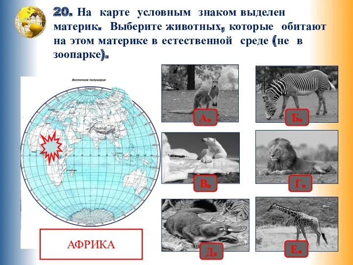 20. На карте условным знаком выделен материк. Выберите животных, которые