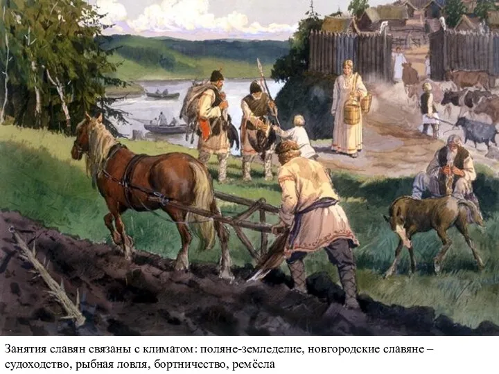 Занятия славян связаны с климатом: поляне-земледелие, новгородские славяне – судоходство, рыбная ловля, бортничество, ремёсла