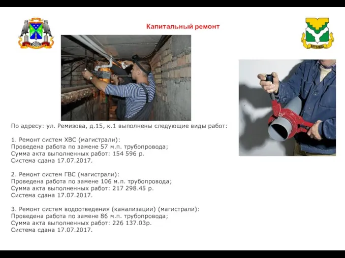 Капитальный ремонт По адресу: ул. Ремизова, д.15, к.1 выполнены следующие