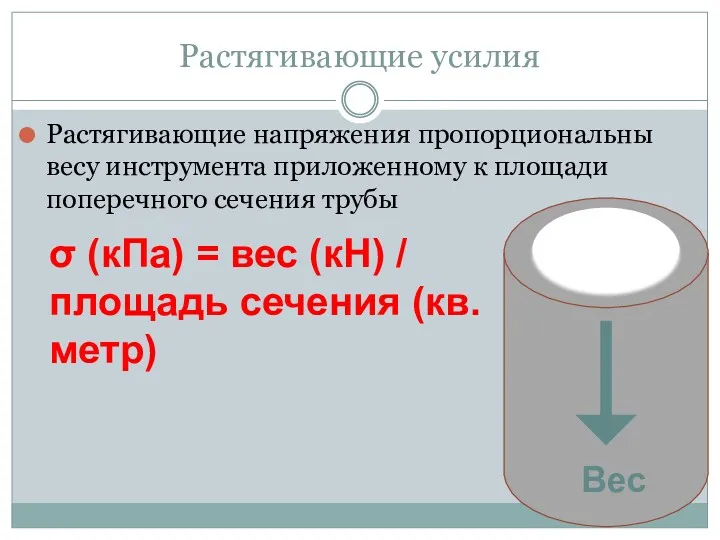 Растягивающие усилия Растягивающие напряжения пропорциональны весу инструмента приложенному к площади