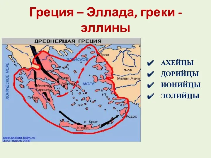 Греция – Эллада, греки - эллины АХЕЙЦЫ ДОРИЙЦЫ ИОНИЙЦЫ ЭОЛИЙЦЫ