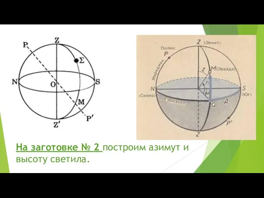 На заготовке № 2 построим азимут и высоту светила.