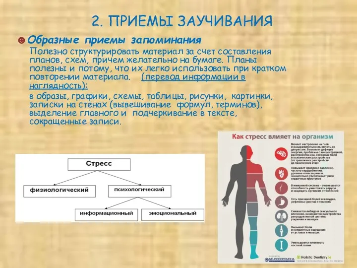 2. ПРИЕМЫ ЗАУЧИВАНИЯ ☻Образные приемы запоминания Полезно структурировать материал за