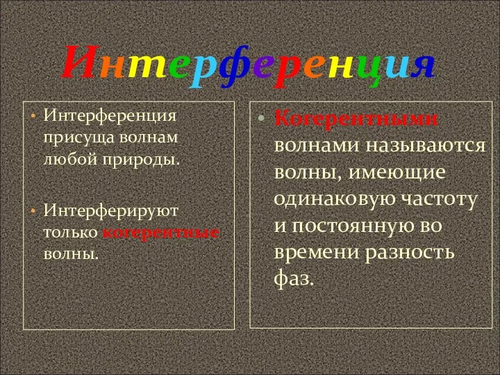 Интерференция Интерференция присуща волнам любой природы. Интерферируют только когерентные волны.